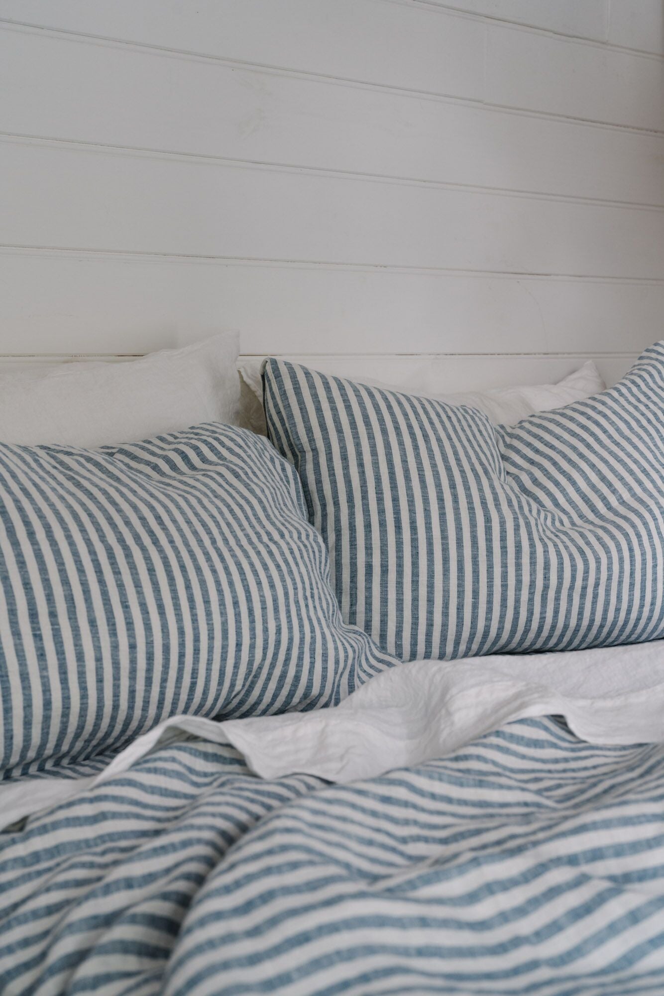 100% Linen Pillowslip Set in French Navy Stripe